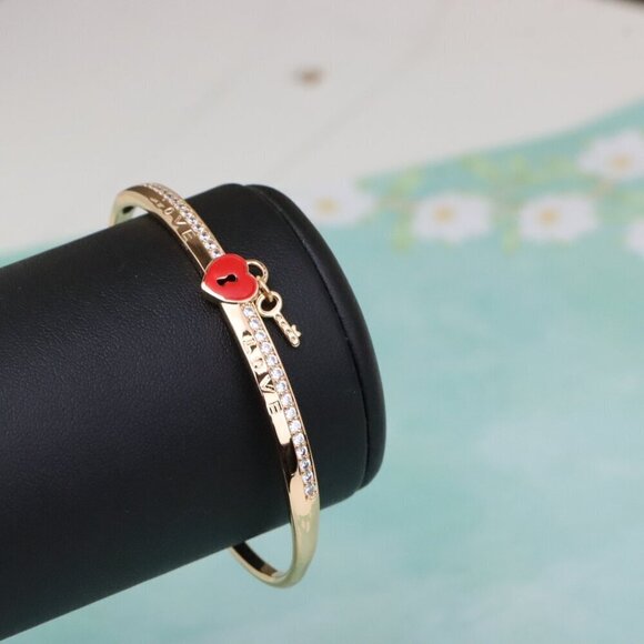 Rose Gold Bangle with Red Heart Lock and Key Charm Accent, XPBL0562 - Picture 7 of 12